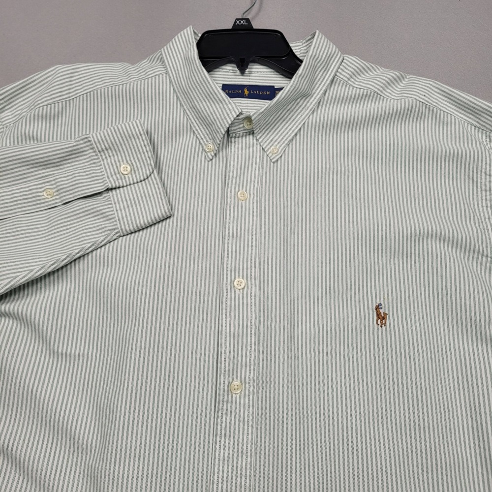 Ralph Lauren Mens 3XLT Green White Striped Button Down Shirt Long Sleeve